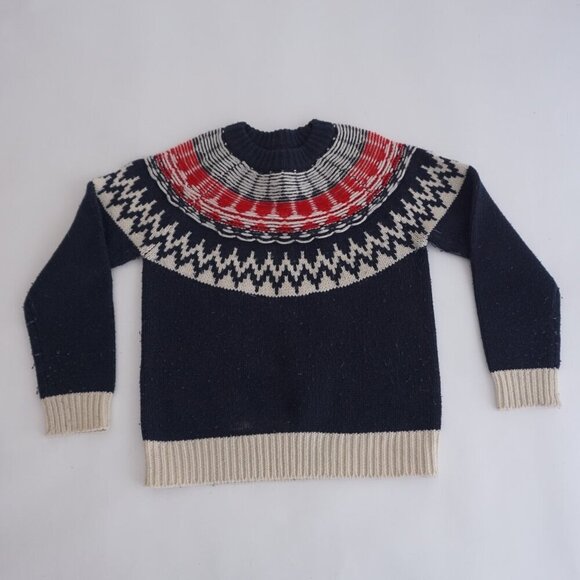Roots Navy Red Cottagecore Knit 50% Wool Fisherman Fair Isle Crewneck Sweater XS - Picture 1 of 13